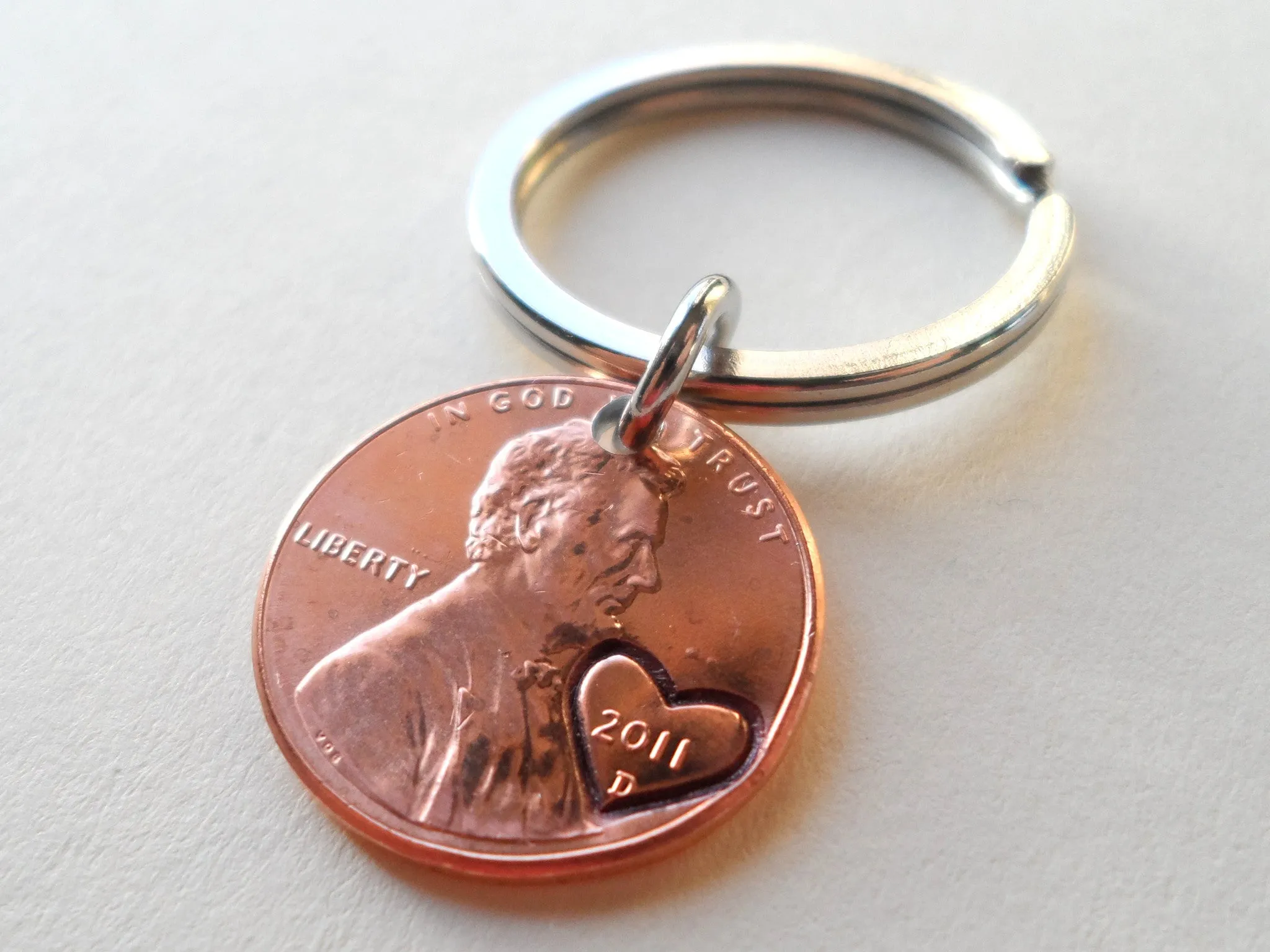 11 Year Anniversary Gift • 2011 Penny Keychain w/ Heart Around Year & Engraved Couples Keychain by Jewelry Everyday