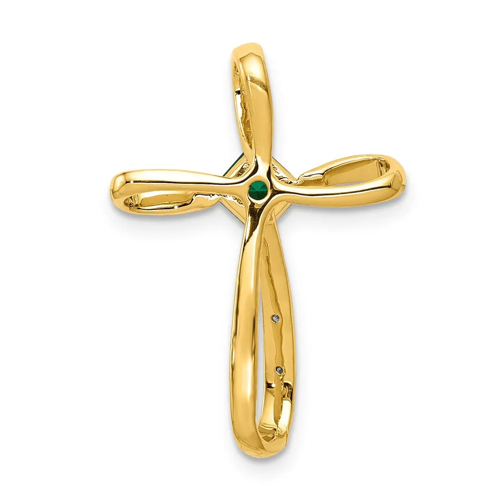 14k w/Rhodium Lab Created Emerald and Diamond Cross Slide
