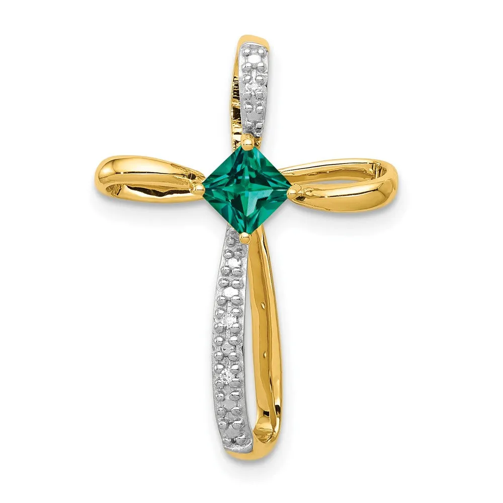 14k w/Rhodium Lab Created Emerald and Diamond Cross Slide