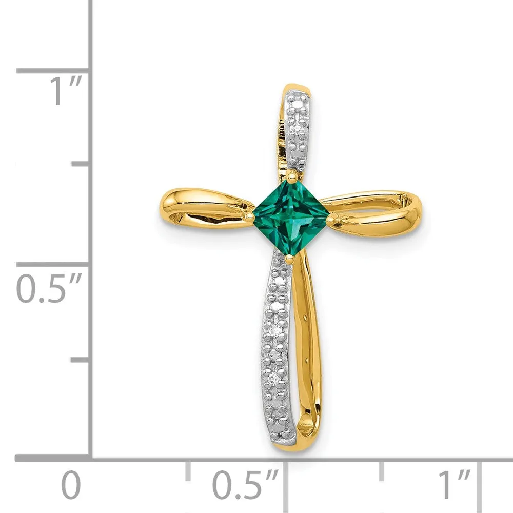 14k w/Rhodium Lab Created Emerald and Diamond Cross Slide