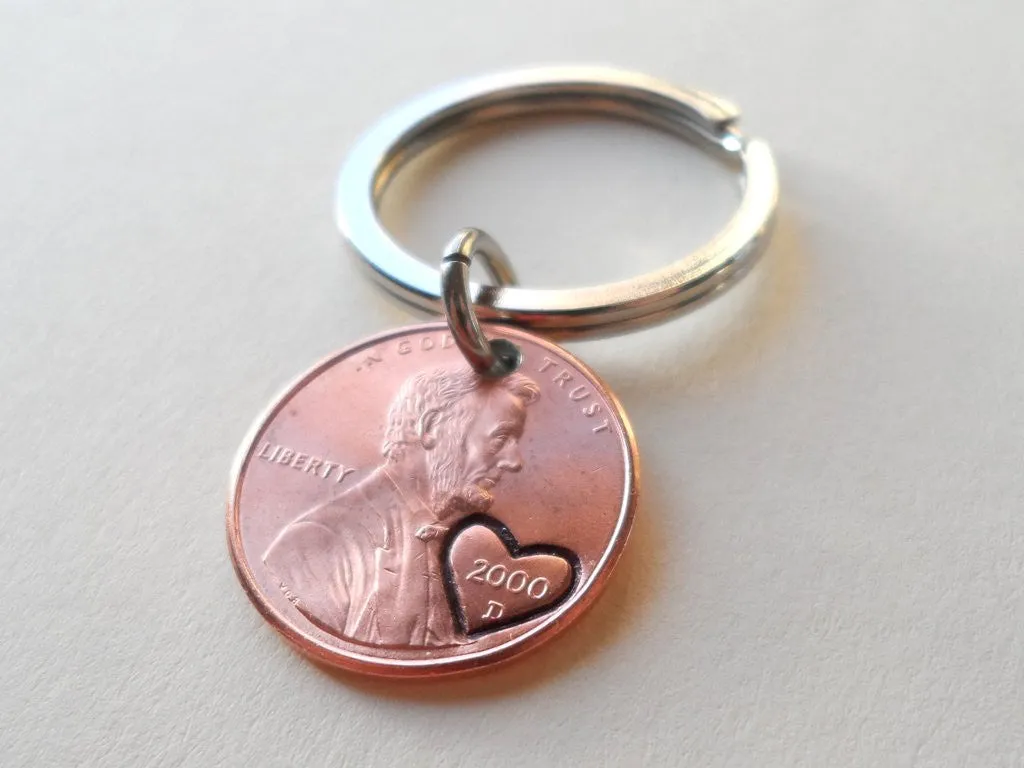2000 Penny Keychains with Engraved Heart Around Year; 25 Year Anniversary Gift, Couples Keychain