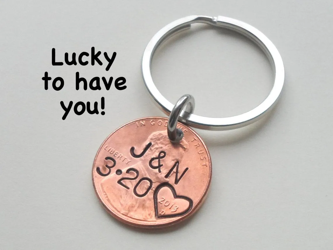 2000 Penny Keychains with Engraved Heart Around Year; 25 Year Anniversary Gift, Couples Keychain