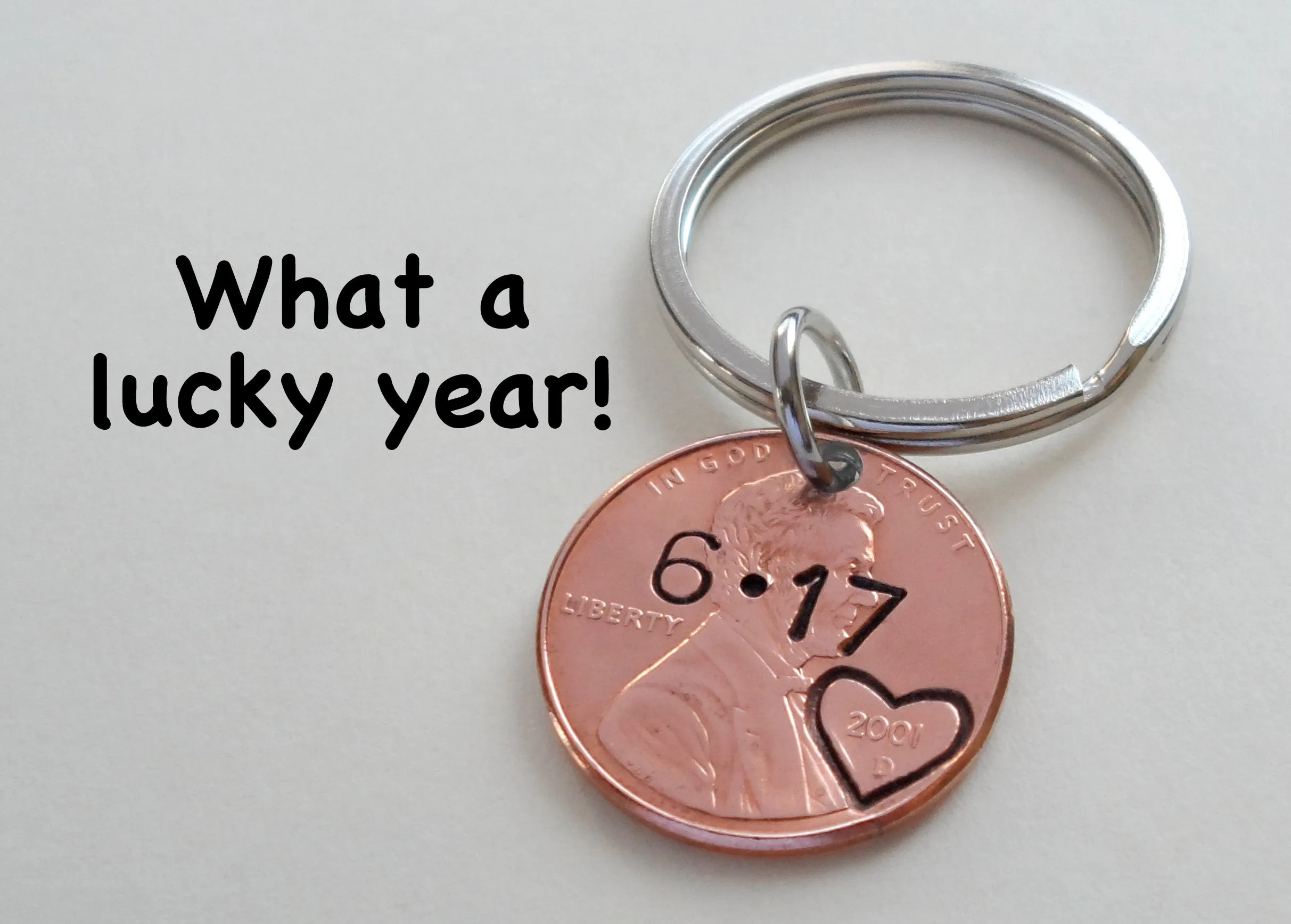 2000 Penny Keychains with Engraved Heart Around Year; 25 Year Anniversary Gift, Couples Keychain