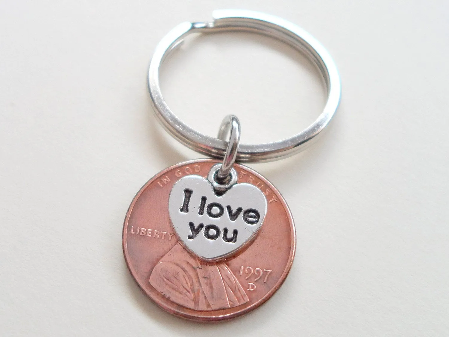28 Year Anniversary Gift • I Love You Heart Charm Layered Over 1997 Penny Keychain by Jewelry Everyday