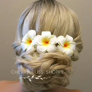 3 PC Double Layer Plumeria Hair Clip Set, White Hawaii Flower Hairclips, Floral Beach Hairpin Headpiece