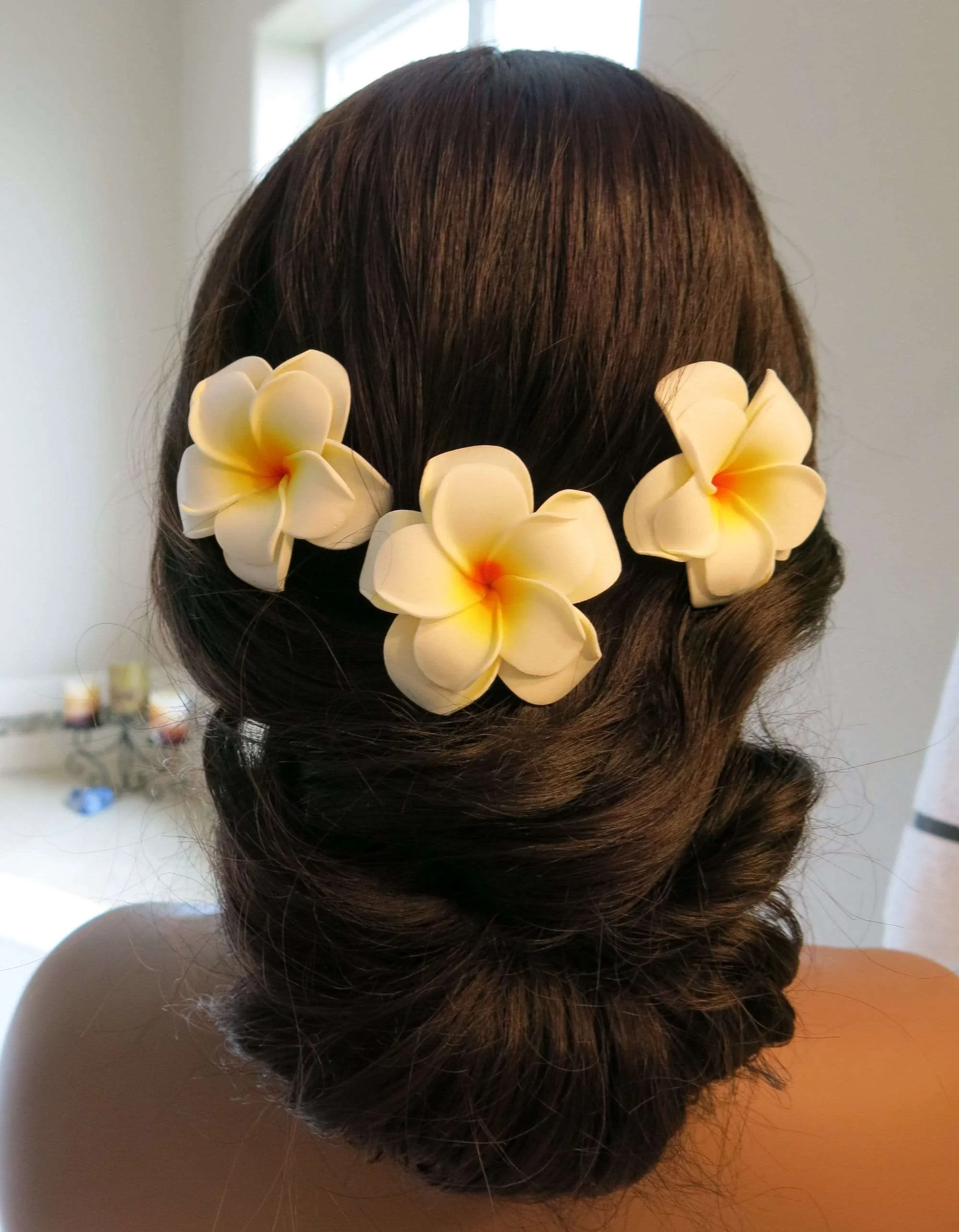 3 PC Double Layer Plumeria Hair Clip Set, White Hawaii Flower Hairclips, Floral Beach Hairpin Headpiece