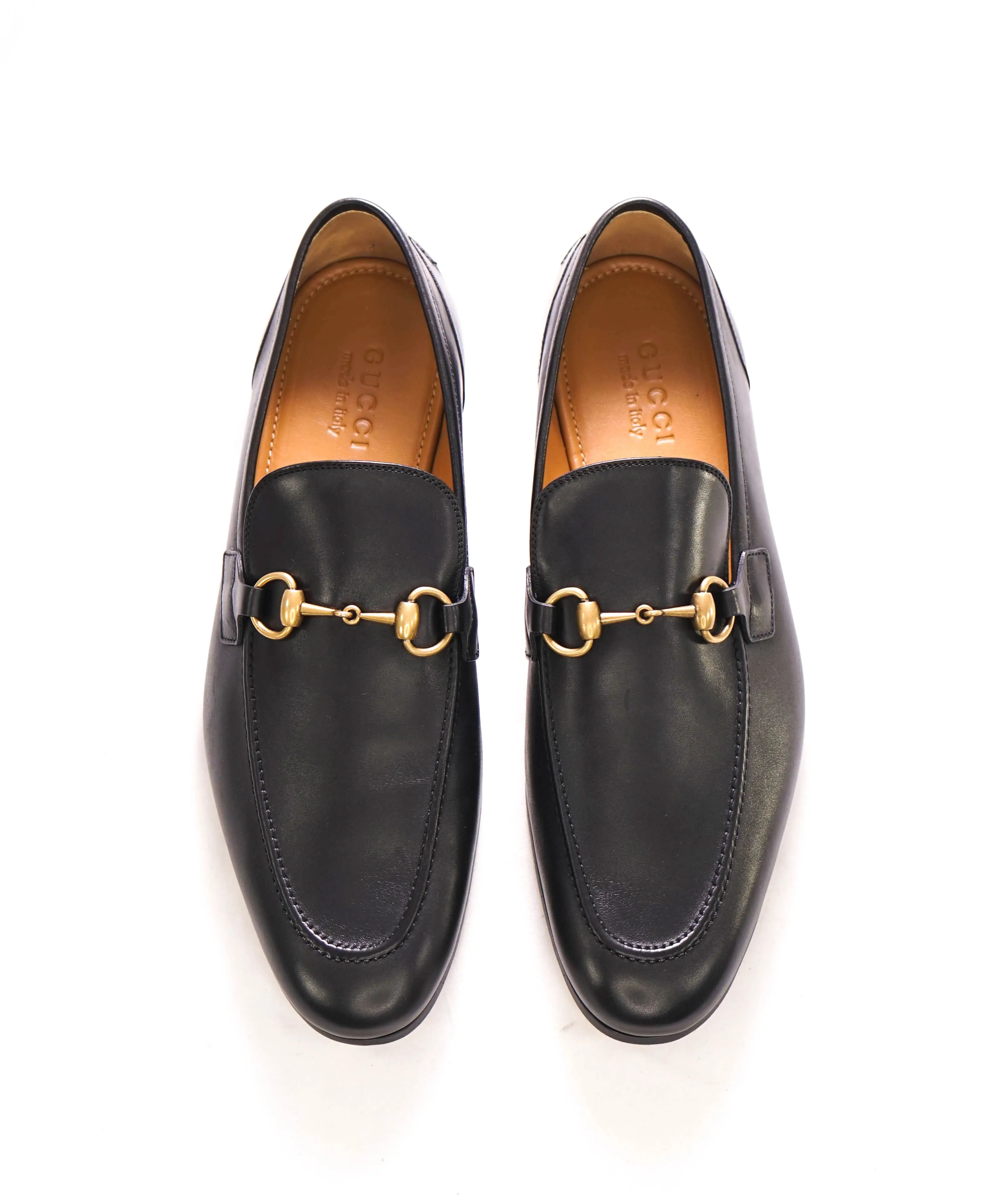 $920 GUCCI - "JORDAAN" Black/Gold ICONIC Horsebit Leather Loafers - 9.5 US (9G)