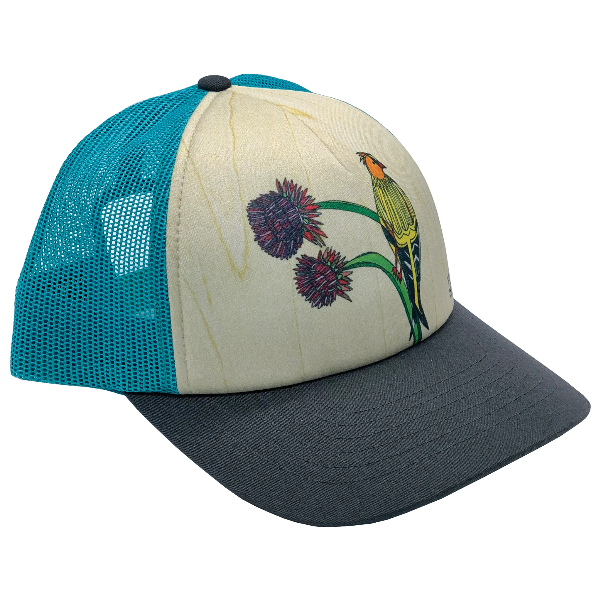 American Goldfinch and Thistle  | Trucker Hat | 100% Grey Twill Brim and Aqua Mesh