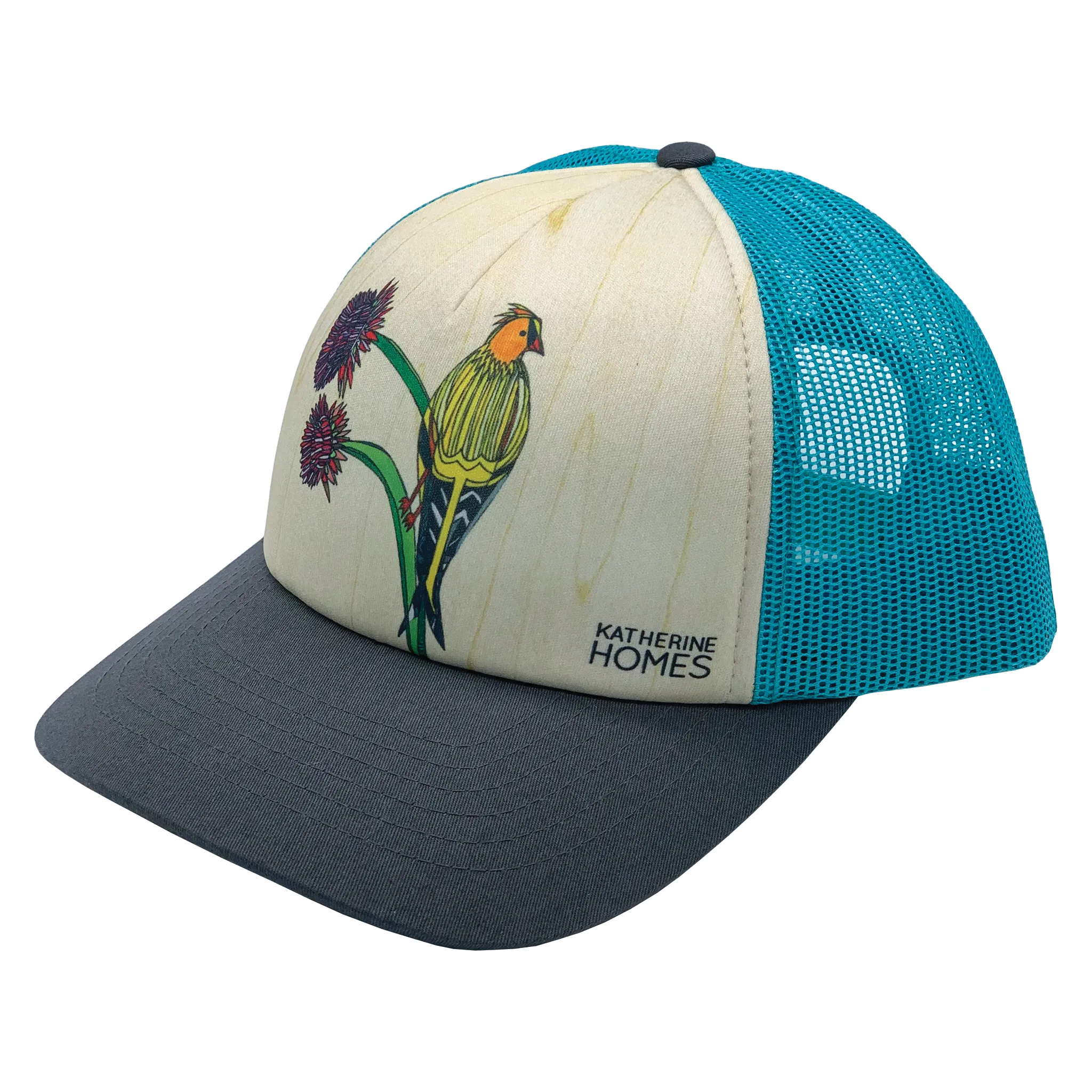American Goldfinch and Thistle  | Trucker Hat | 100% Grey Twill Brim and Aqua Mesh