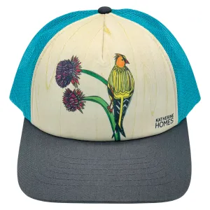 American Goldfinch and Thistle  | Trucker Hat | 100% Grey Twill Brim and Aqua Mesh