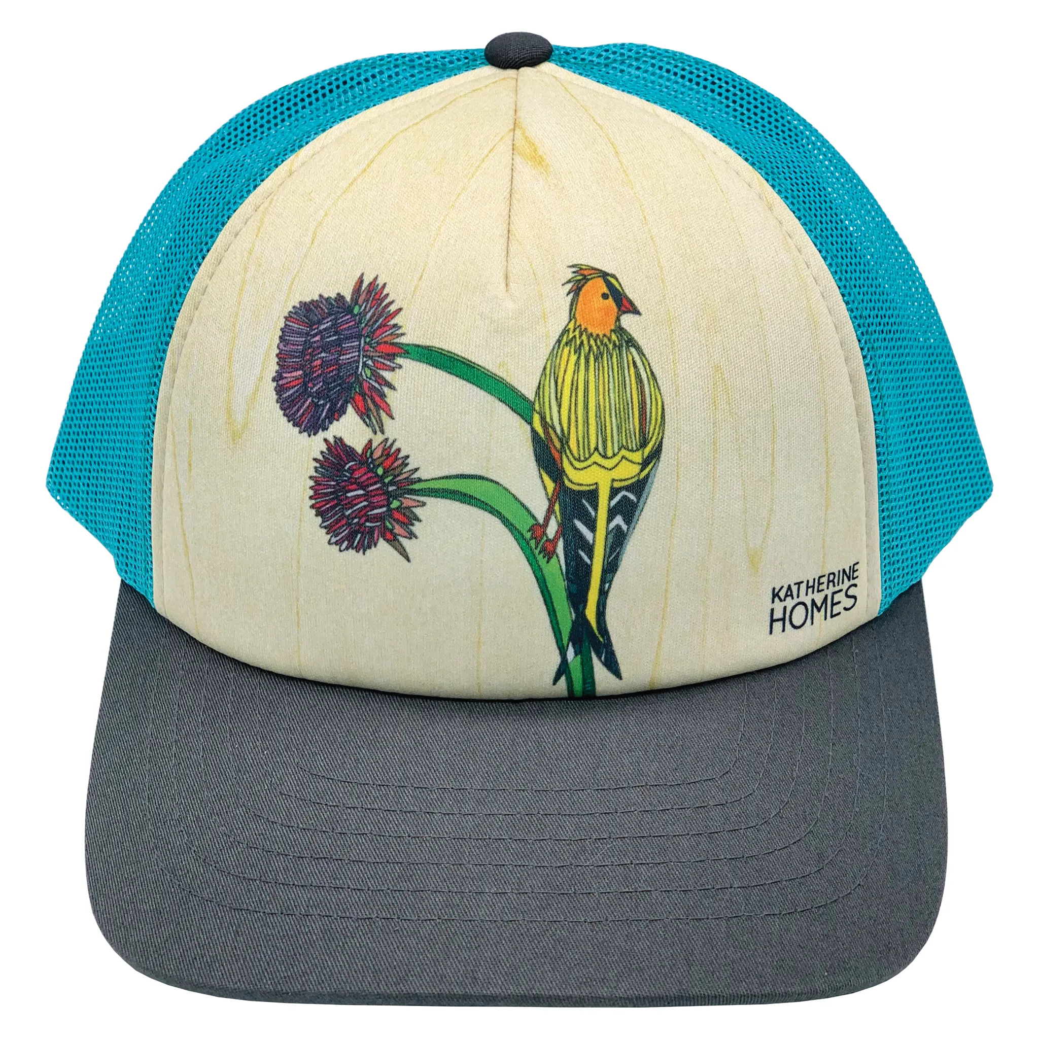 American Goldfinch and Thistle  | Trucker Hat | 100% Grey Twill Brim and Aqua Mesh