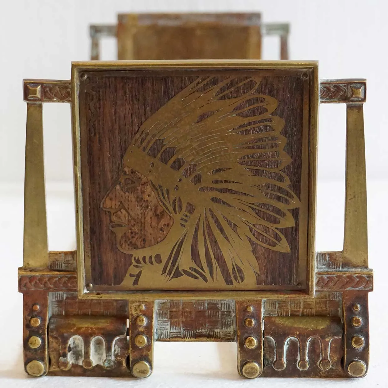 American H. L. Judd Company Brass and Wood Native American Indian Chief Folding Book Slide