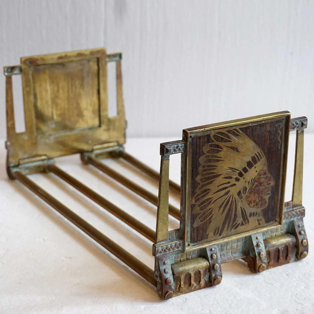 American H. L. Judd Company Brass and Wood Native American Indian Chief Folding Book Slide