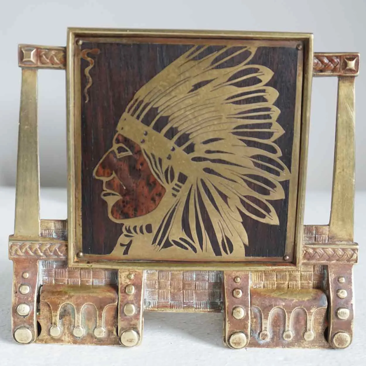 American H. L. Judd Company Brass and Wood Native American Indian Chief Folding Book Slide