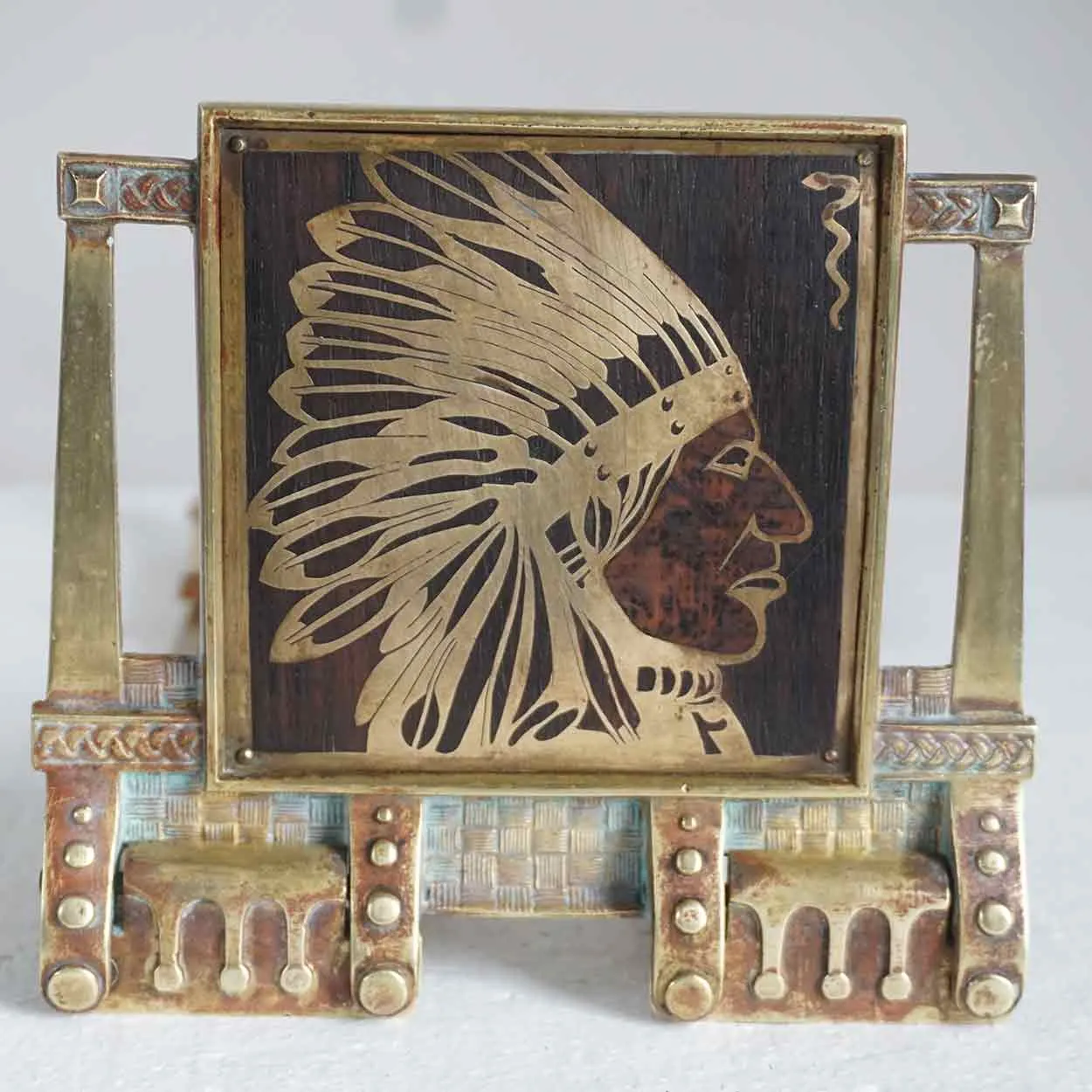 American H. L. Judd Company Brass and Wood Native American Indian Chief Folding Book Slide
