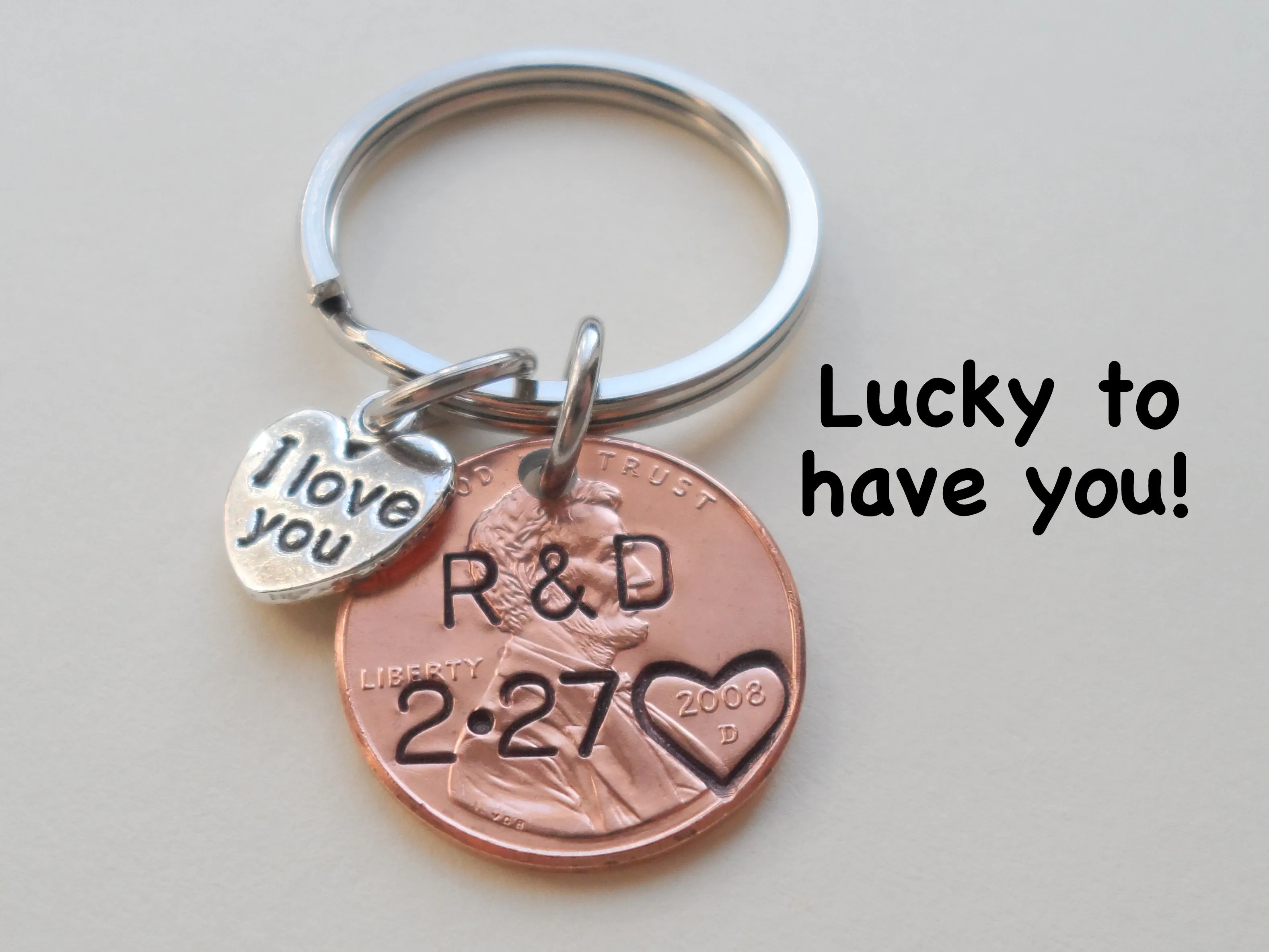 Anniversary Gift • Personalized Penny Keychain Stamped w/ Heart Around the Year & Initials w/ Anniversary Date & "I Love You" Heart Charm