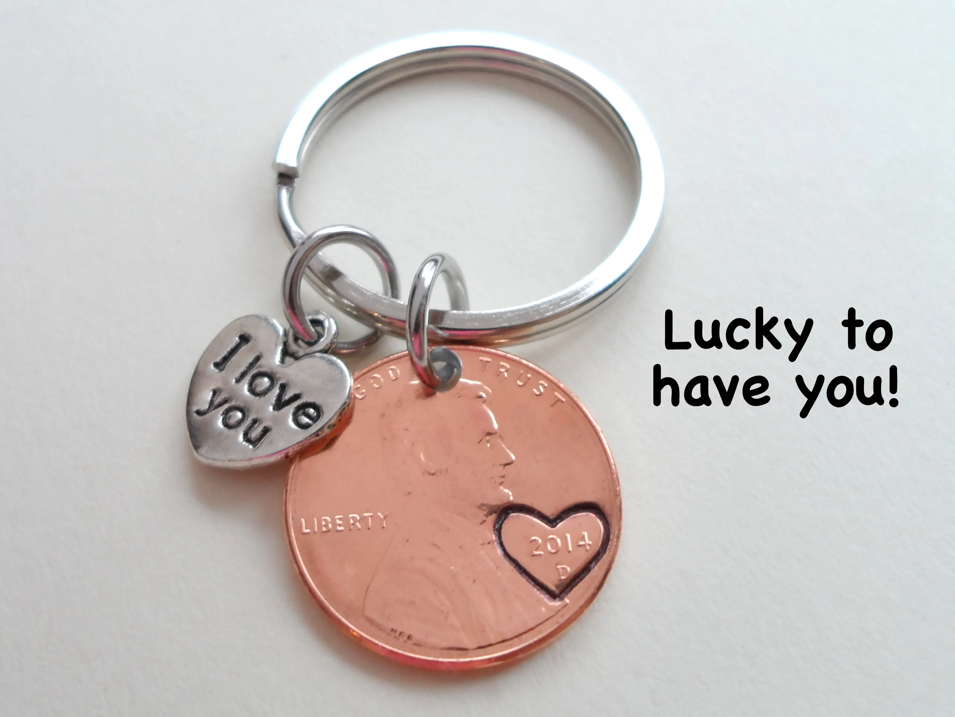 Anniversary Gift • Personalized Penny Keychain Stamped w/ Heart Around the Year & Initials w/ Anniversary Date & "I Love You" Heart Charm