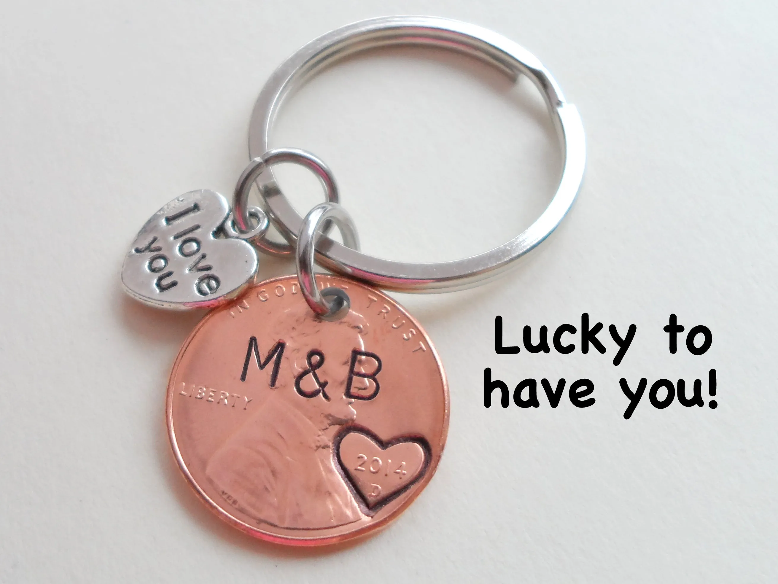Anniversary Gift • Personalized Penny Keychain Stamped w/ Heart Around the Year & Initials w/ Anniversary Date & "I Love You" Heart Charm