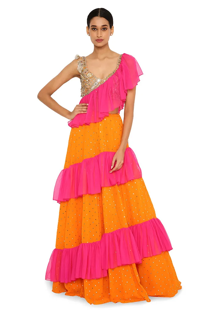 Aruba Orange Pink Lehenga Saree