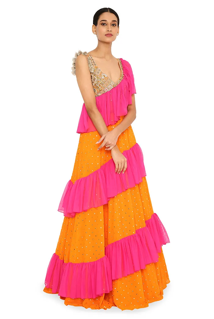 Aruba Orange Pink Lehenga Saree