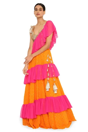 Aruba Orange Pink Lehenga Saree