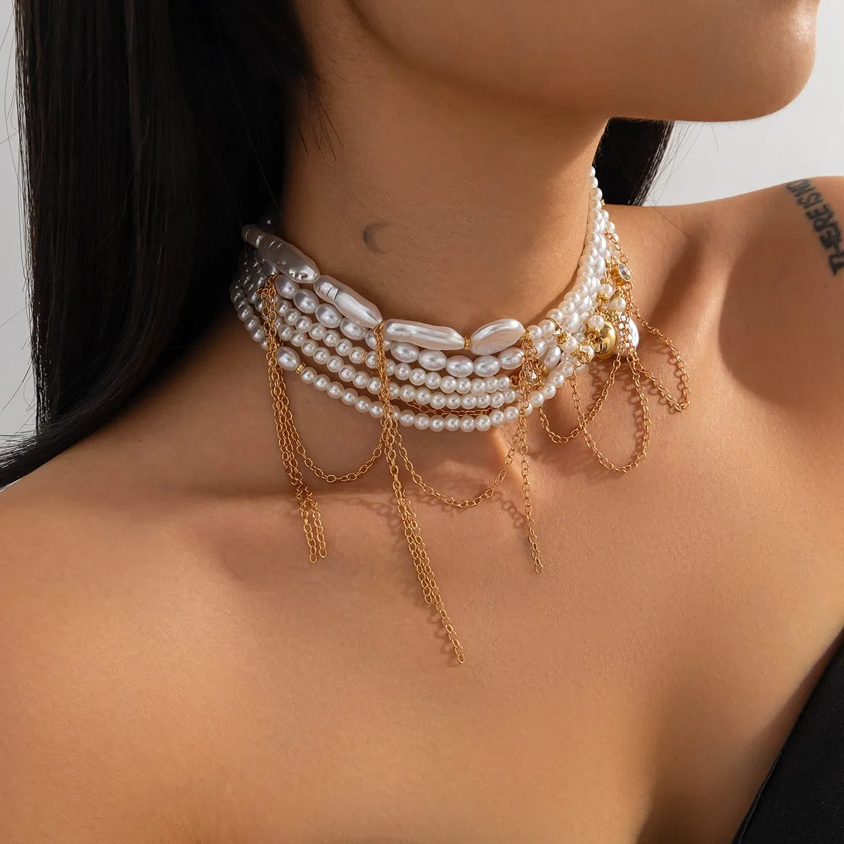 Baroque Layered Gold Tone Pearl Chain Tassel Choker Necklace