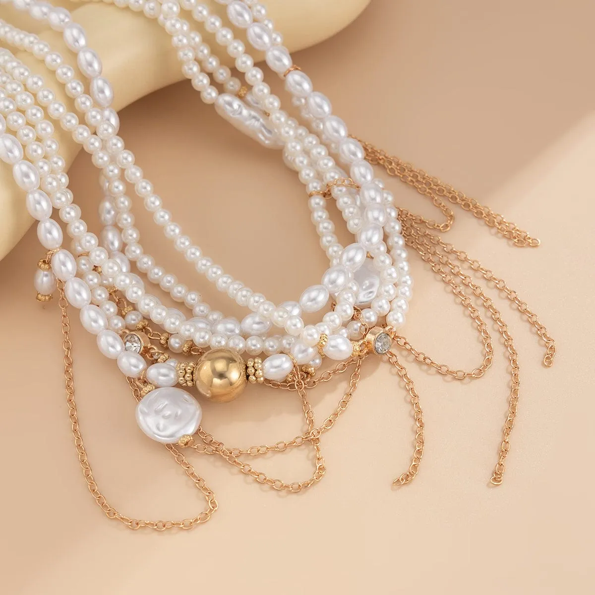 Baroque Layered Gold Tone Pearl Chain Tassel Choker Necklace