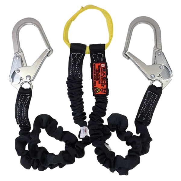 Bashlin - Twin leg tubular nylon "stretch" climbing lanyard with nylon loop, two large steel ladder snaphooks and shock absorbing core