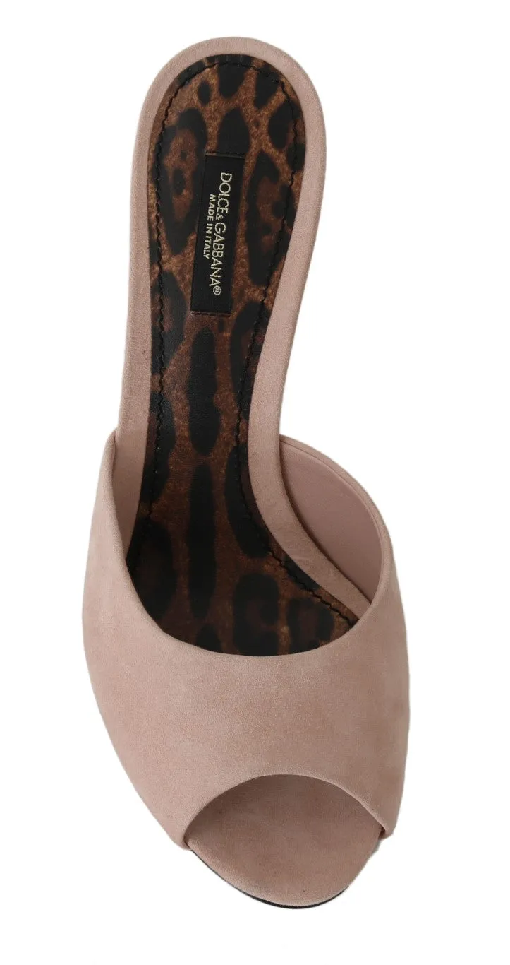 Beige Suede Leather Heels Slides