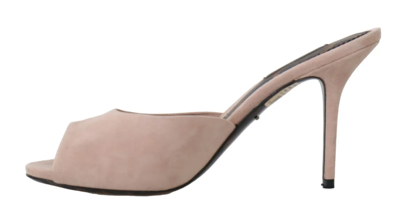 Beige Suede Leather Heels Slides