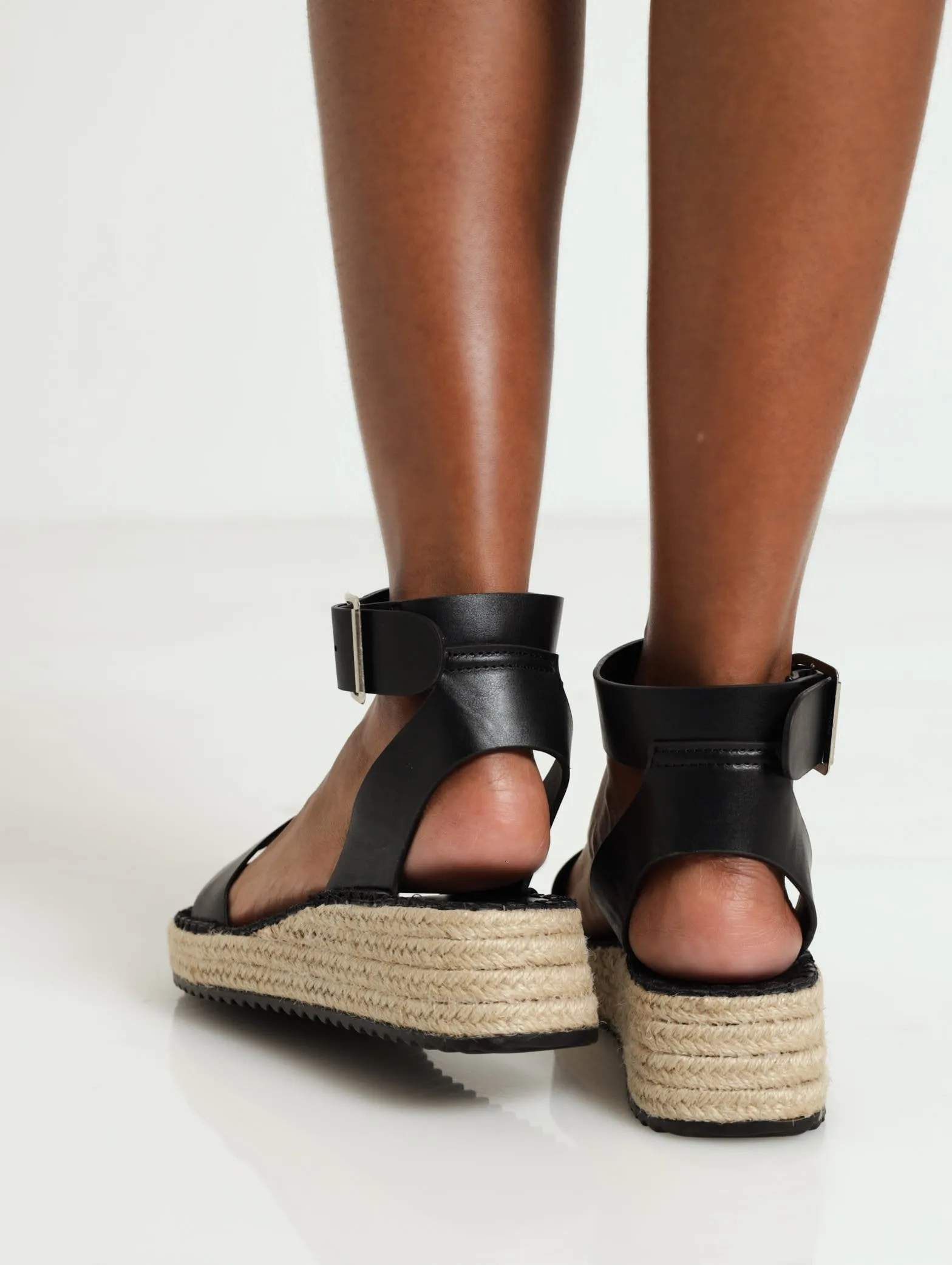 Big Buckle Espadrille Mini-Wedge Sandal - Black