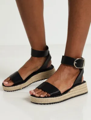 Big Buckle Espadrille Mini-Wedge Sandal - Black