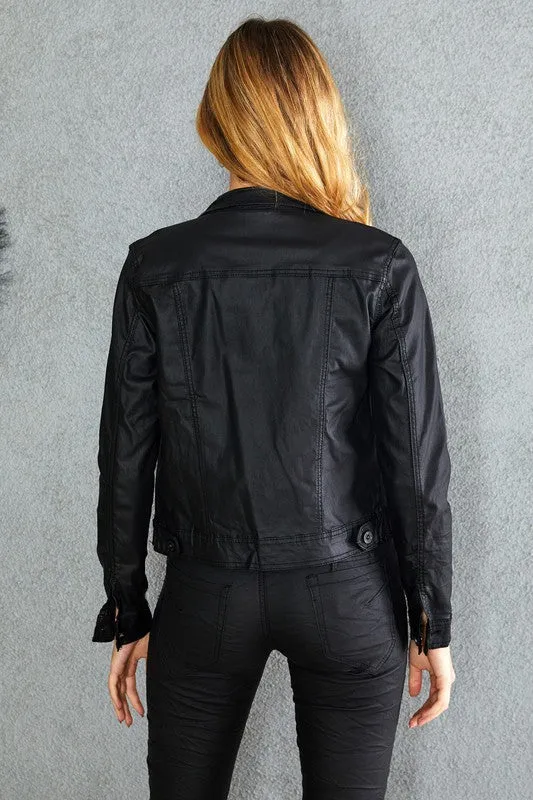 Black Faux Leather Button Down Long Sleeve Venti6 Jacket 9/27/23 4671
