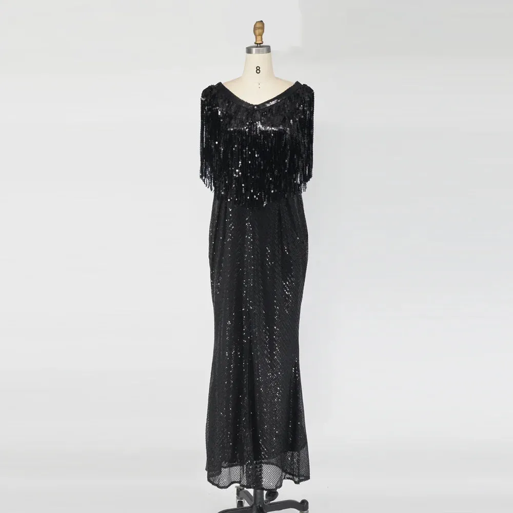 Black Sexy Sequin Tassel Plus Size Elegant Evening Dress