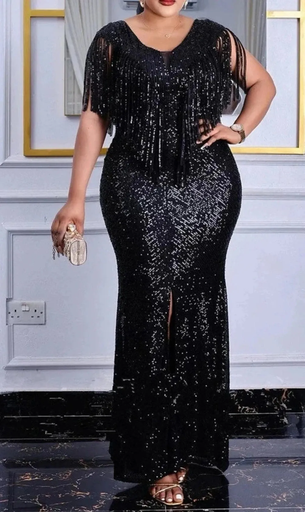 Black Sexy Sequin Tassel Plus Size Elegant Evening Dress