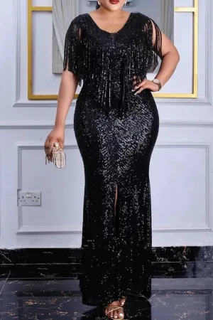 Black Sexy Sequin Tassel Plus Size Elegant Evening Dress