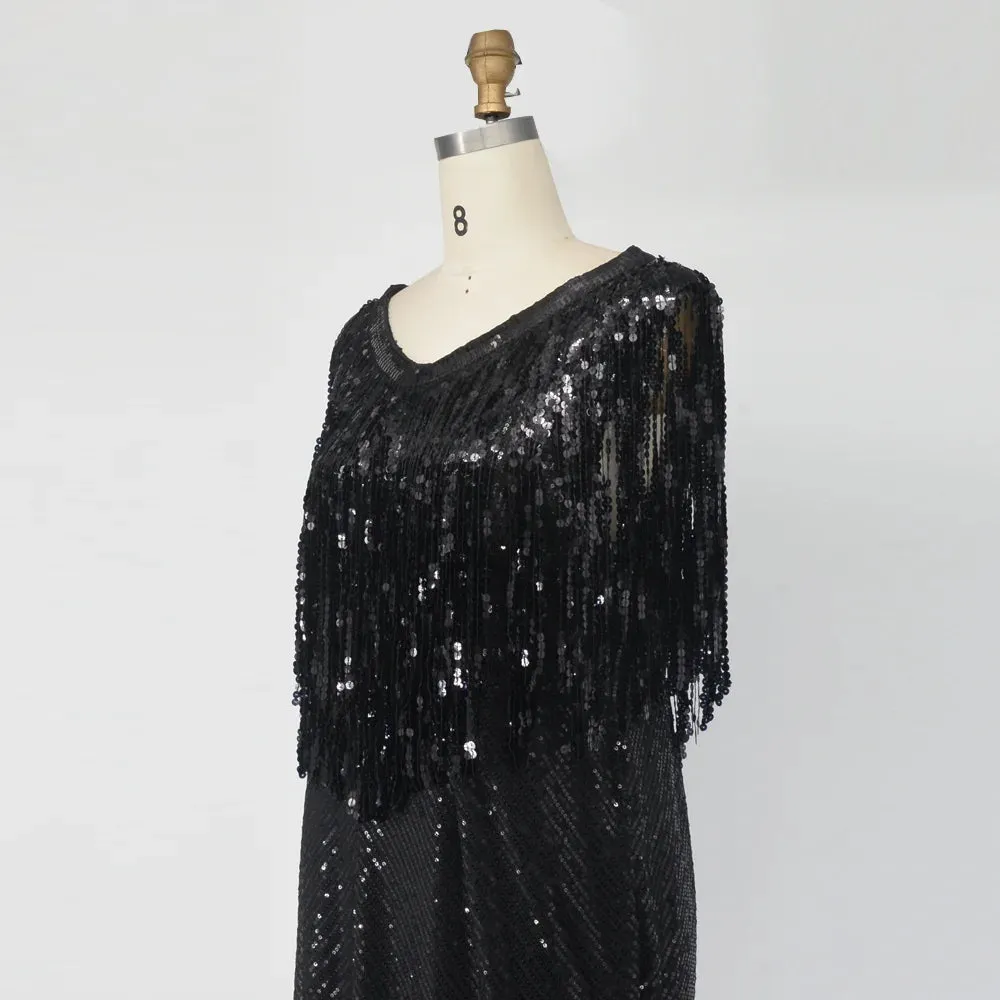 Black Sexy Sequin Tassel Plus Size Elegant Evening Dress