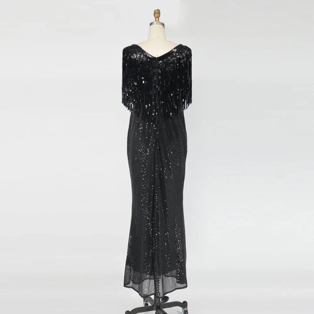 Black Sexy Sequin Tassel Plus Size Elegant Evening Dress