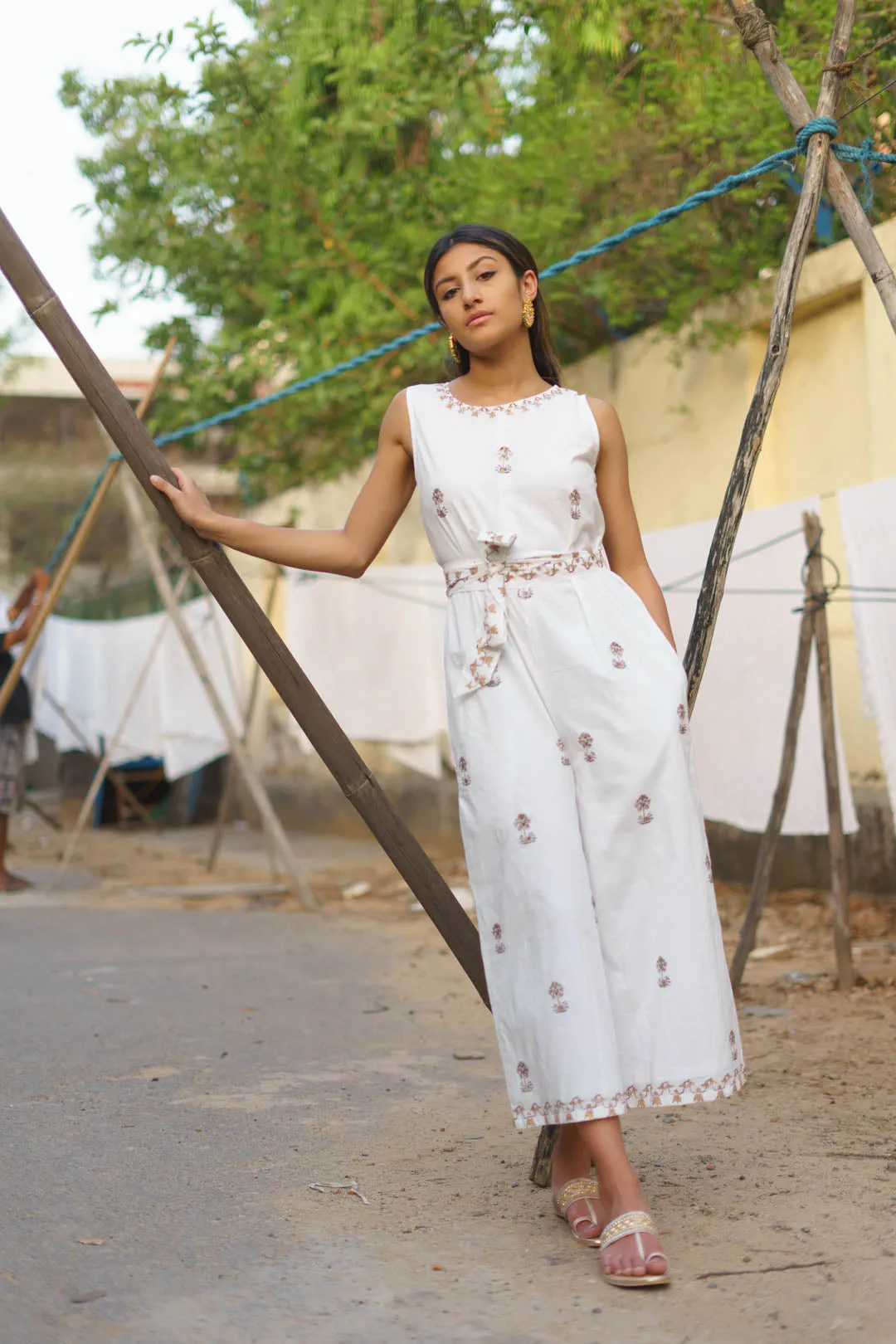 Block Printed White Jumpsuit