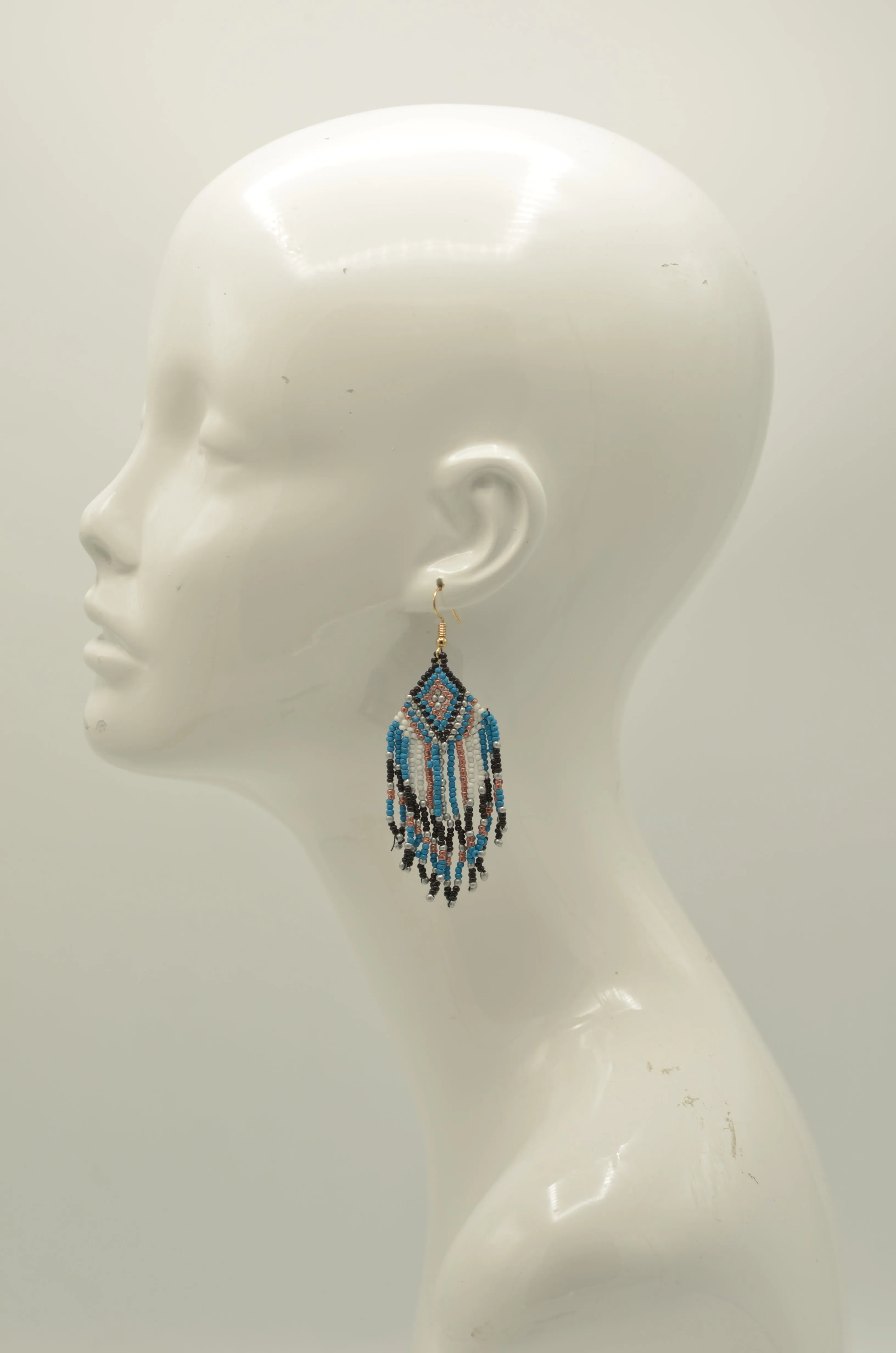 Blue, Black, White, and Champagne Bohemian Seed Bead Tassel Earrings #SH-ER-1210