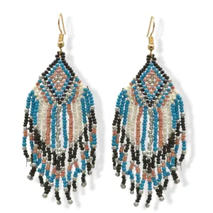 Blue, Black, White, and Champagne Bohemian Seed Bead Tassel Earrings #SH-ER-1210