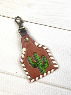 Cactus Whipstitch Leather Key Tag