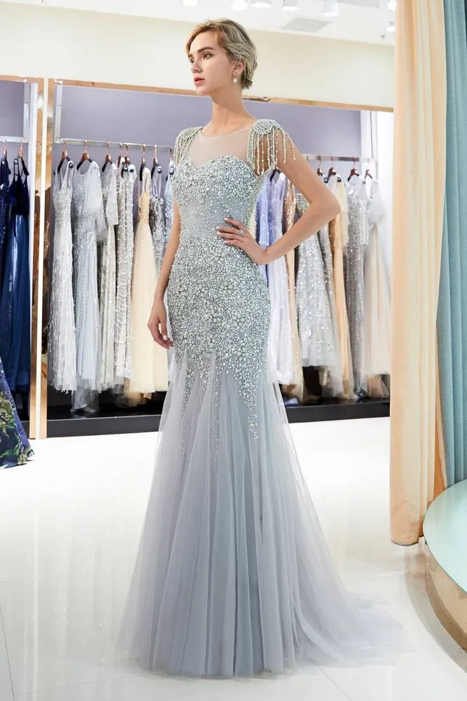 Cap Sleeves Mermaid Silver Evening Dress with Crystals / Tassel