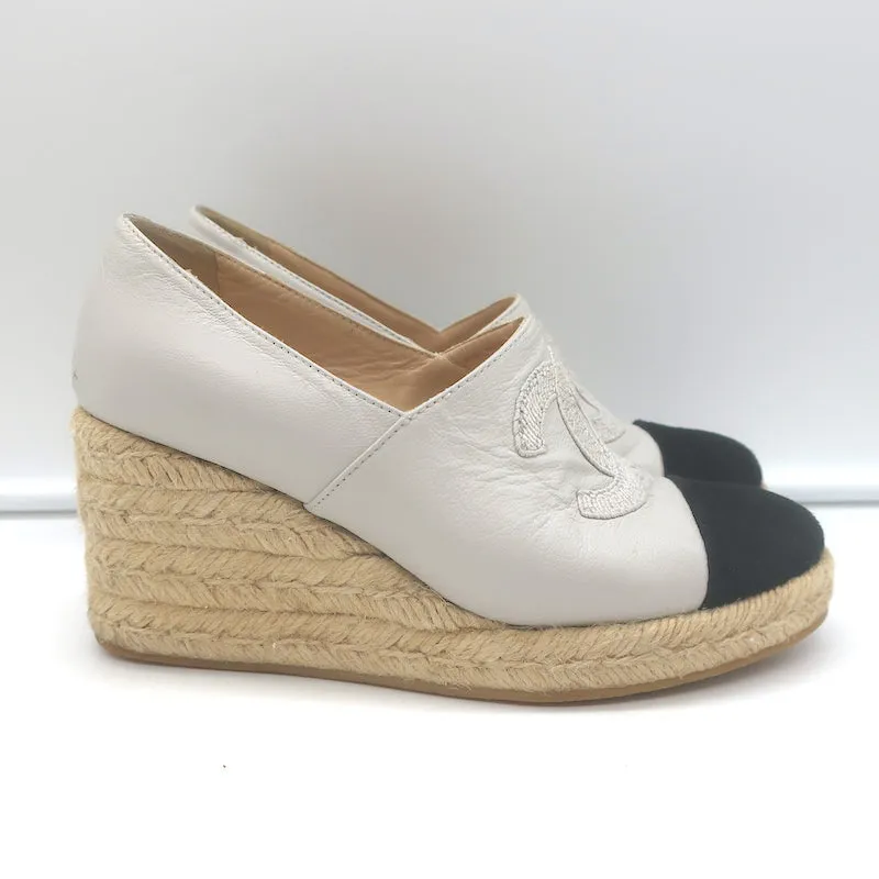 Chanel CC Cap Toe Espadrille Wedge Pumps Cream Leather & Black Suede Size 36