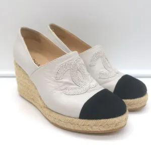 Chanel CC Cap Toe Espadrille Wedge Pumps Cream Leather & Black Suede Size 36