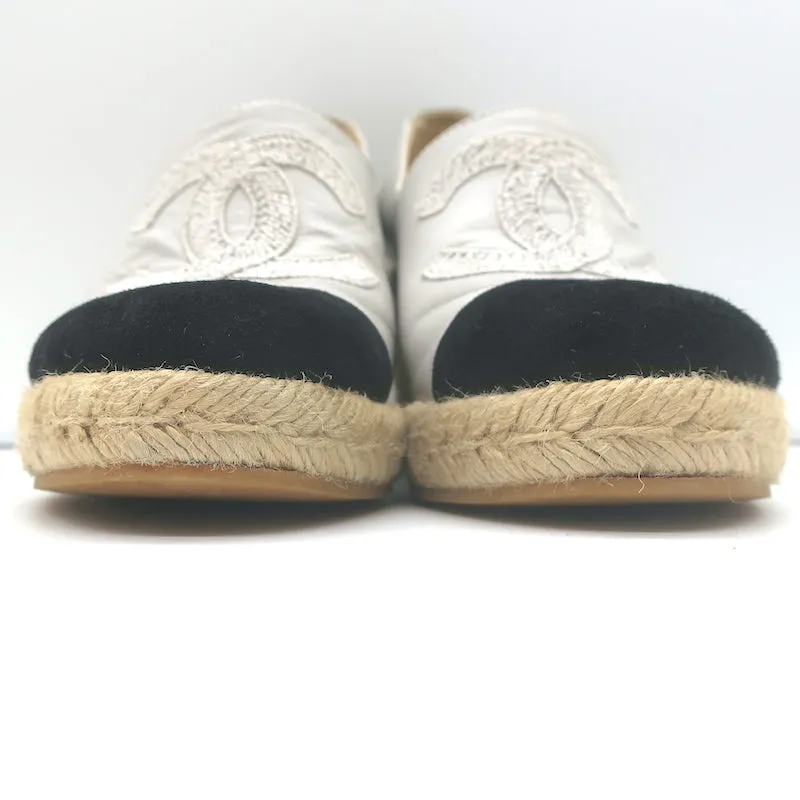 Chanel CC Cap Toe Espadrille Wedge Pumps Cream Leather & Black Suede Size 36
