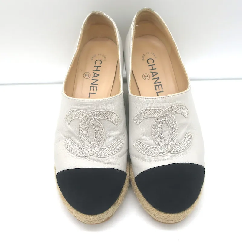 Chanel CC Cap Toe Espadrille Wedge Pumps Cream Leather & Black Suede Size 36