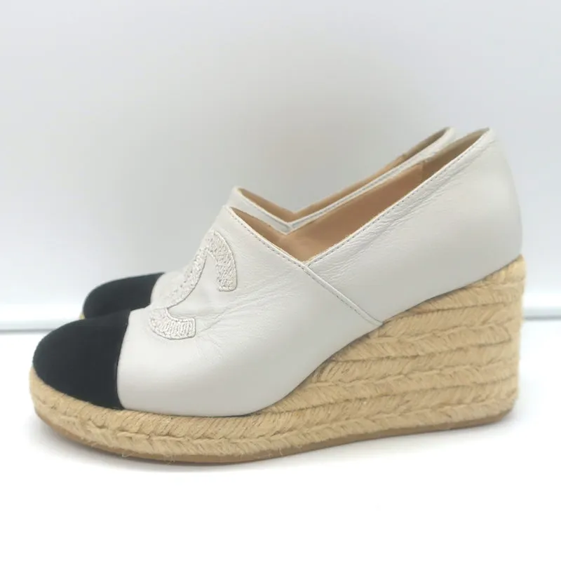 Chanel CC Cap Toe Espadrille Wedge Pumps Cream Leather & Black Suede Size 36
