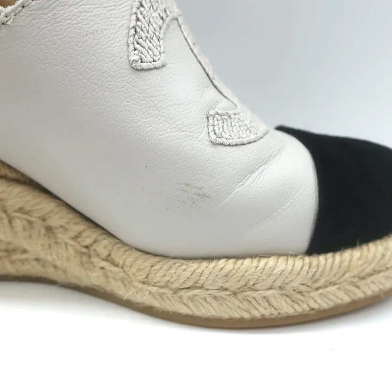 Chanel CC Cap Toe Espadrille Wedge Pumps Cream Leather & Black Suede Size 36