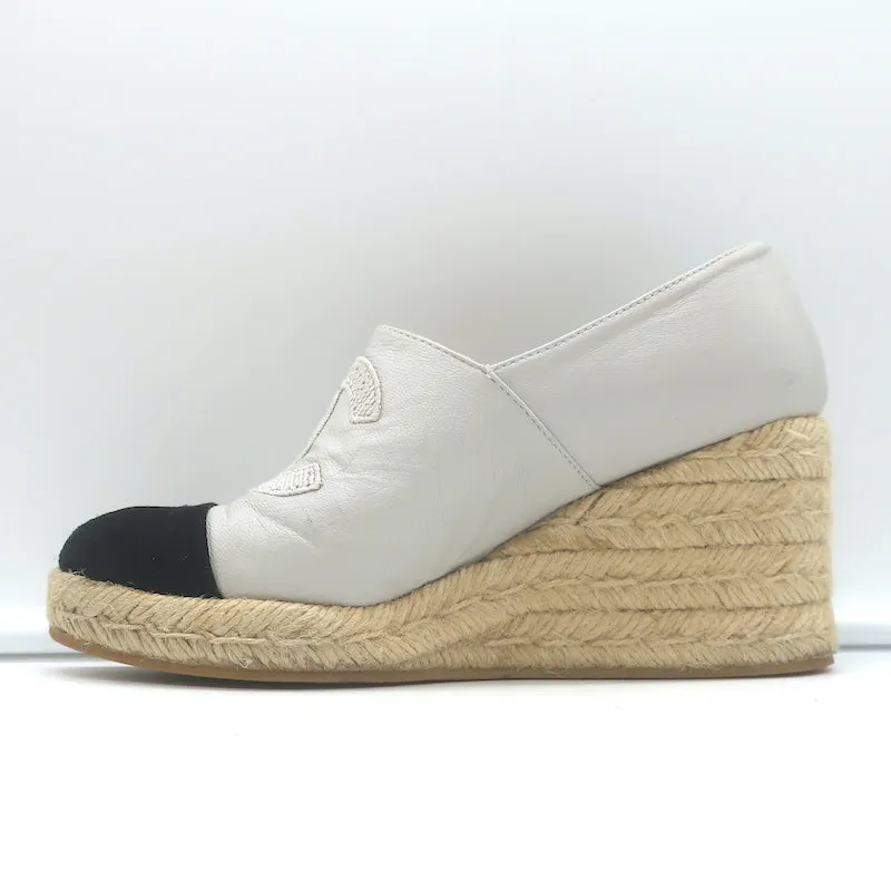Chanel CC Cap Toe Espadrille Wedge Pumps Cream Leather & Black Suede Size 36